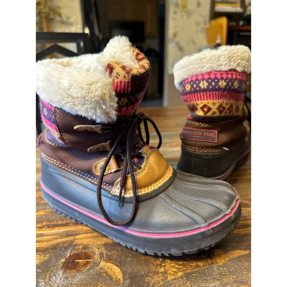 London Fog Snow Boots Kids Size 4 Tan Brown Pink Fair Isle Faux Fur Lined